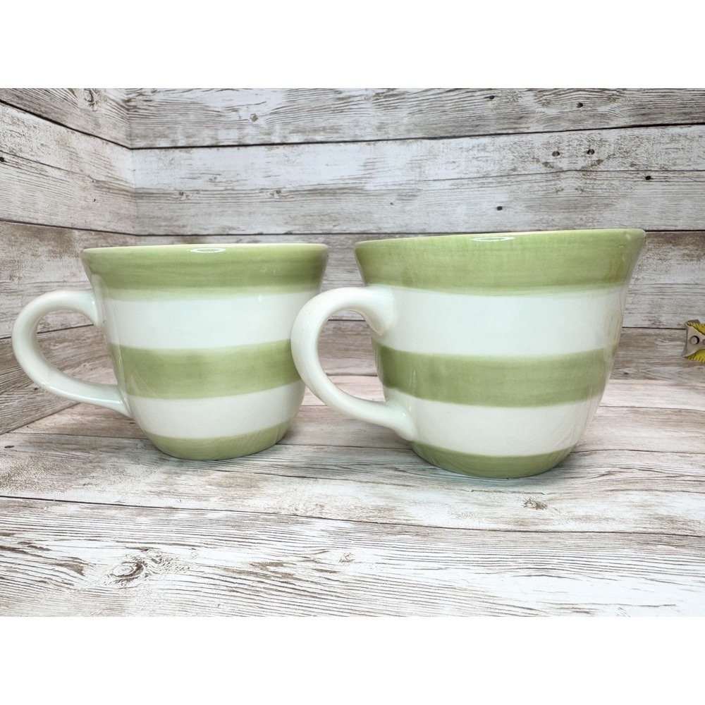Crate & Barrel White Stripe Sage Green Mugs Set of 2 Barbara Eigen VTG Portugal